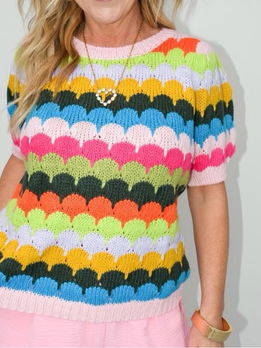 J. NNA Multicolor Fish Scales Pattern Knit Sweater Short Sleeve Top sz S NWT - Picture 2 of 9